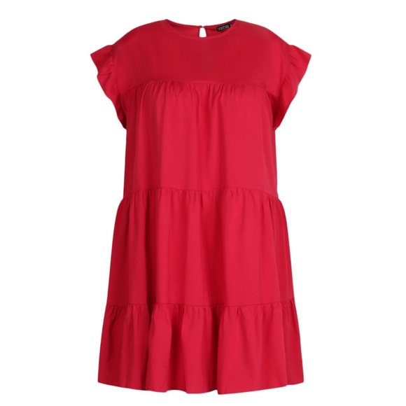 BOOHOO Plus Red Tiered Ruffle Smock Mini Dress 22 - Picture 2 of 5